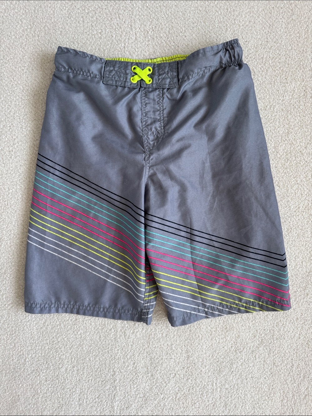 Cat & Jack Gray Athletic Shorts with Neon Yellow Drawcord and Multicolor Stripe
